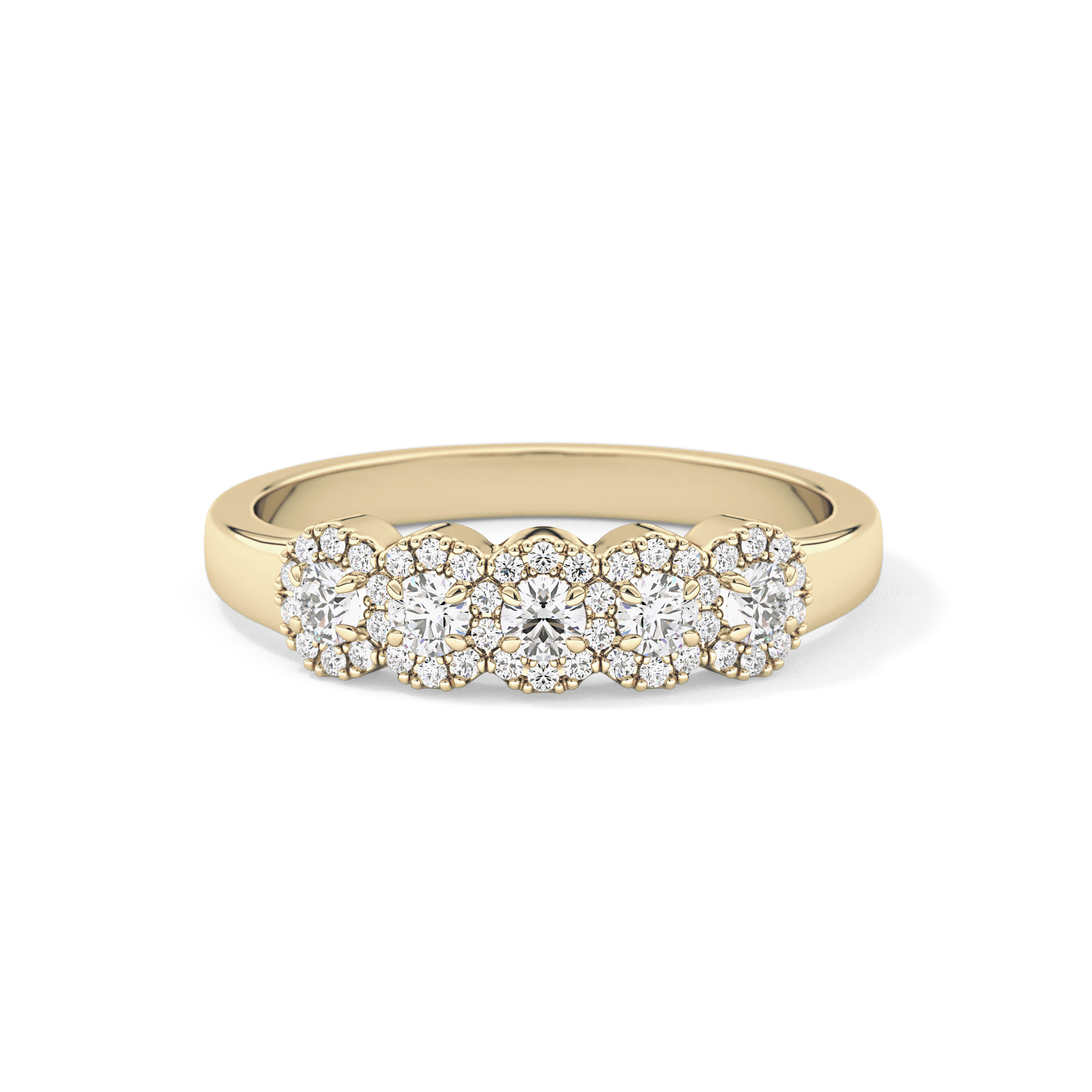 Five Stones and Halo Wedding Band with 0.53 TCW Round Cut Moissanite – Yellow, White, or Rose Gold
