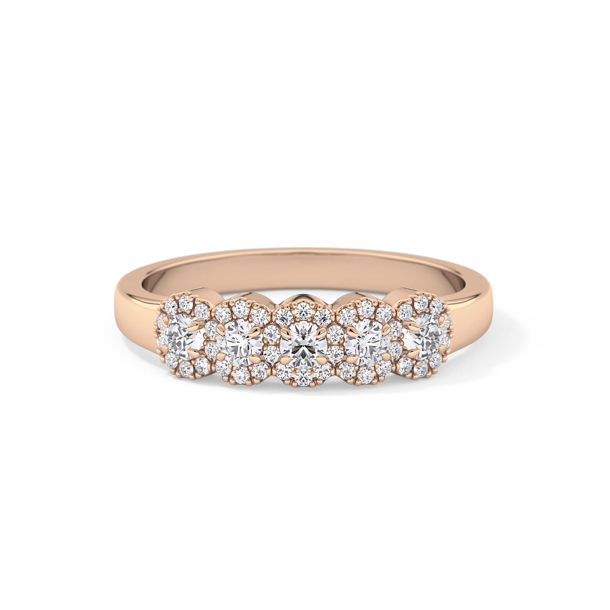 Five Stones and Halo Wedding Band with 0.53 TCW Round Cut Moissanite – Yellow, White, or Rose Gold