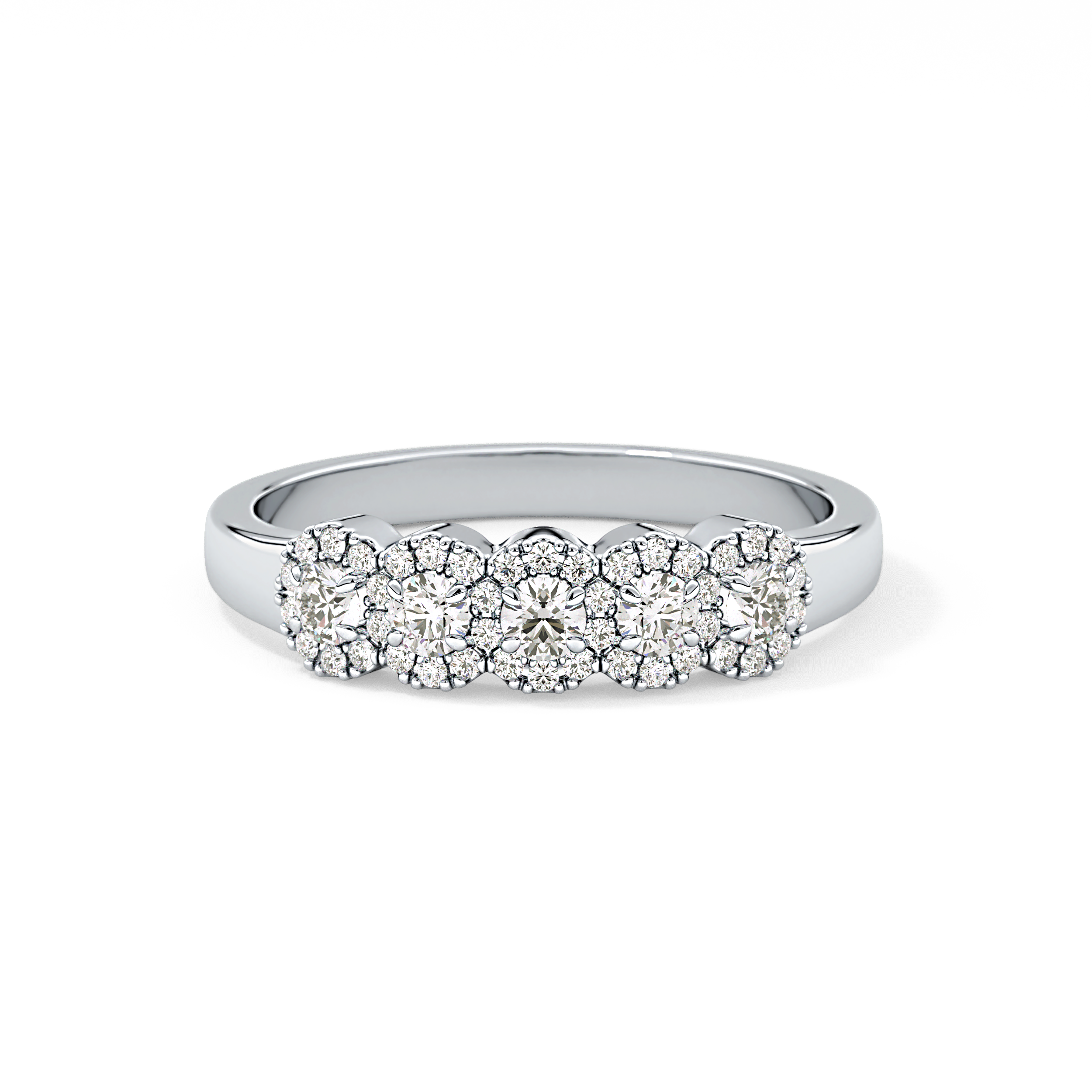 Five Stones and Halo Wedding Band with 0.53 TCW Round Cut Moissanite – Yellow, White, or Rose Gold