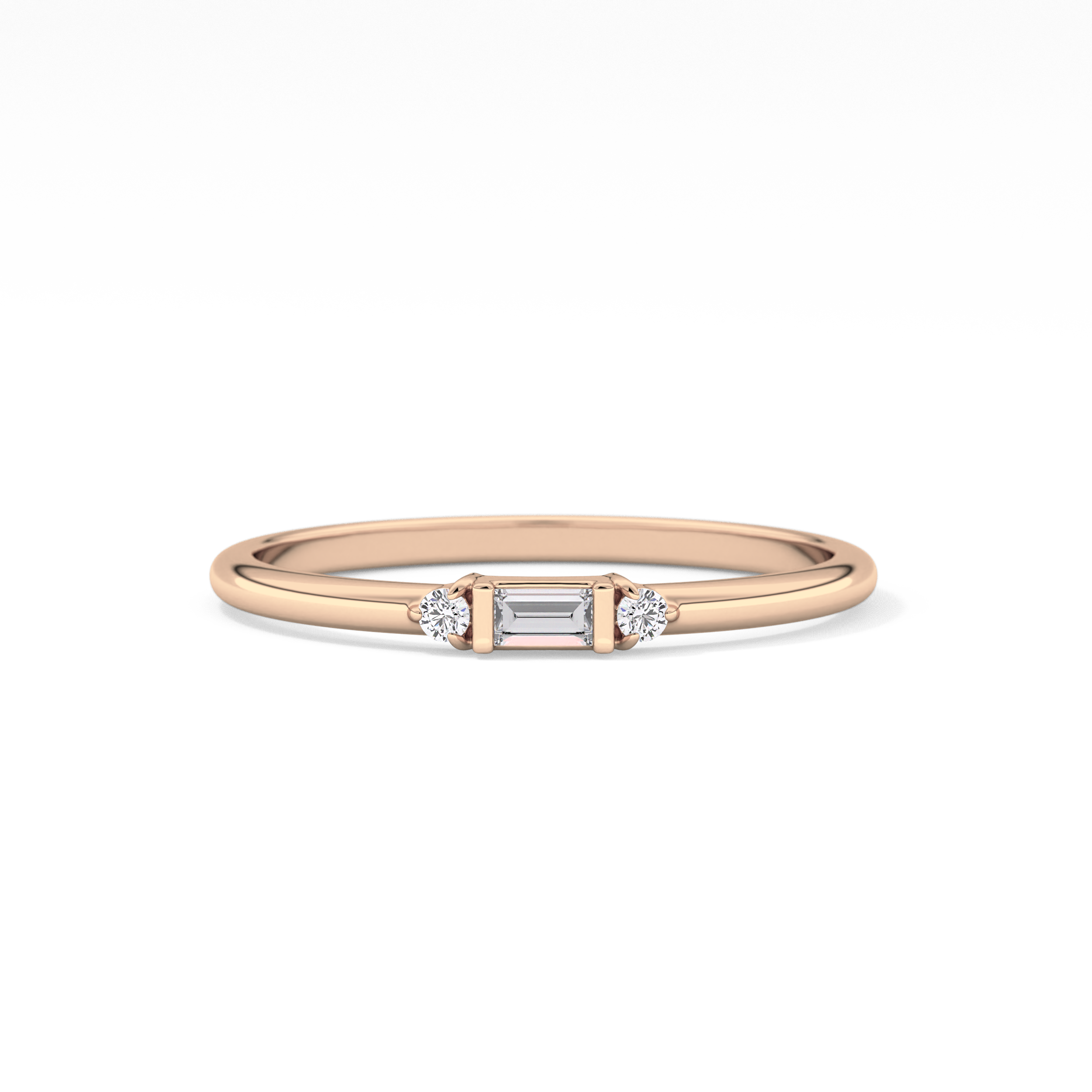 Three Stones Wedding Band with 0.097 TCW Round & Baguette Cut Moissanite – Yellow, White, or Rose Gold