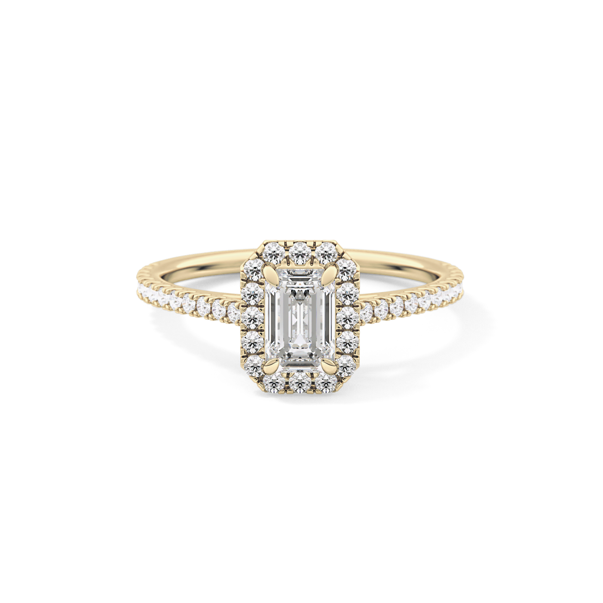 Emerald Cut 0.56 Carat Moissanite Ring – Halo and Pave Setting in Gold