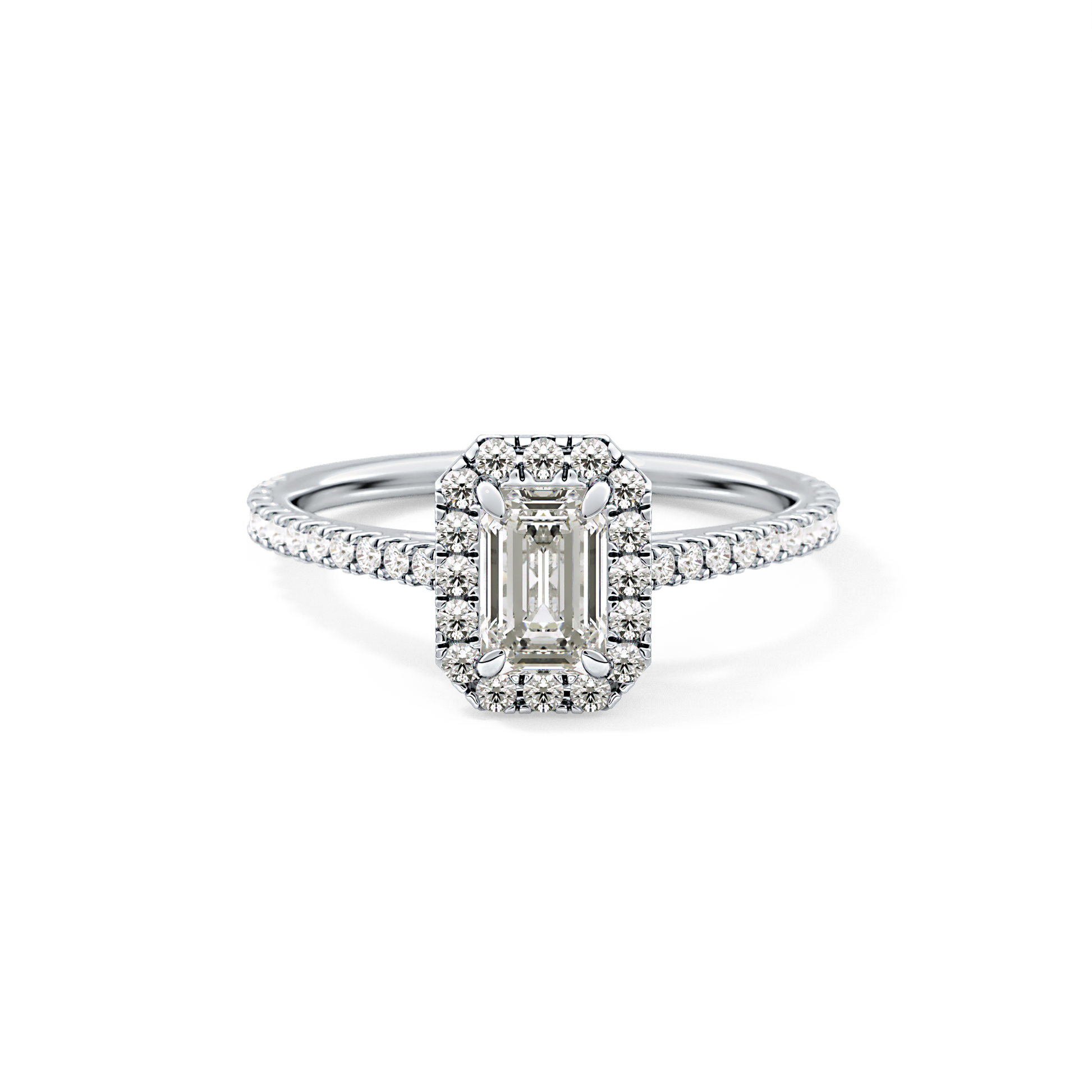 Emerald Cut 0.56 Carat Moissanite Ring – Halo and Pave Setting in Gold
