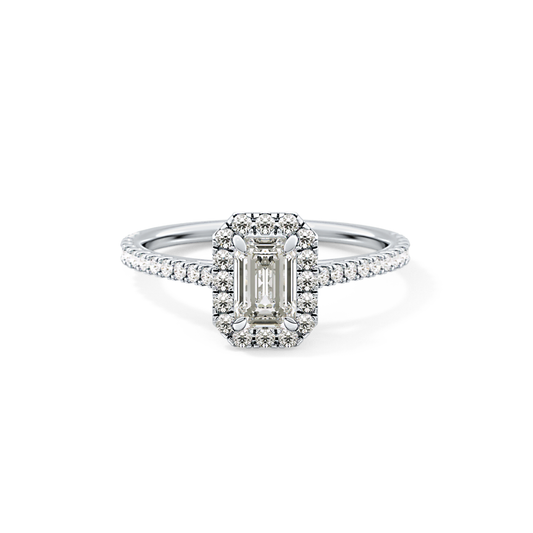 Emerald Cut 0.56 Carat Moissanite Ring – Halo and Pave Setting in Gold