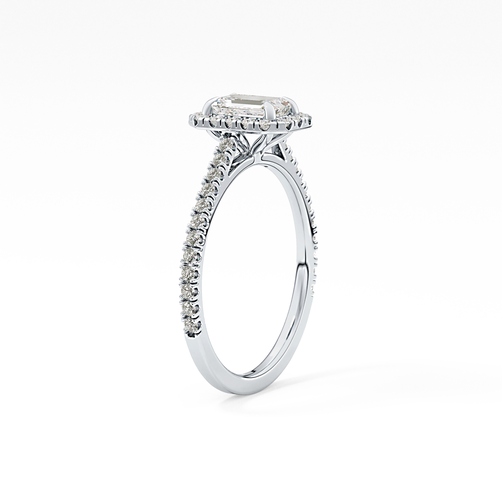 Emerald Cut 0.56 Carat Moissanite Ring – Halo and Pave Setting in Gold