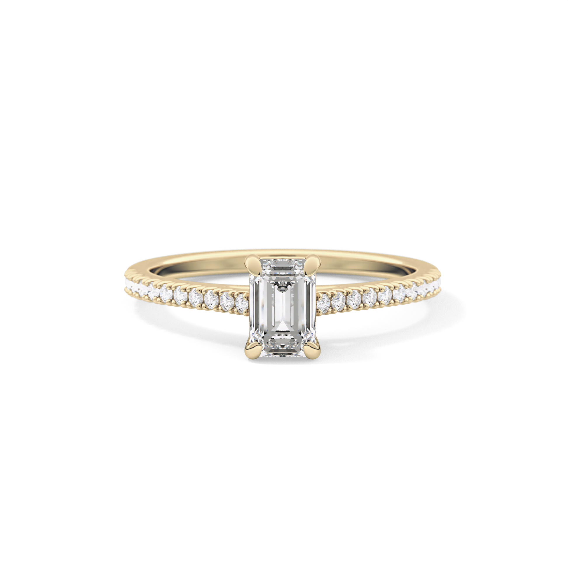Emerald Cut 0.56 Carat Moissanite Ring – Pave Setting in Gold