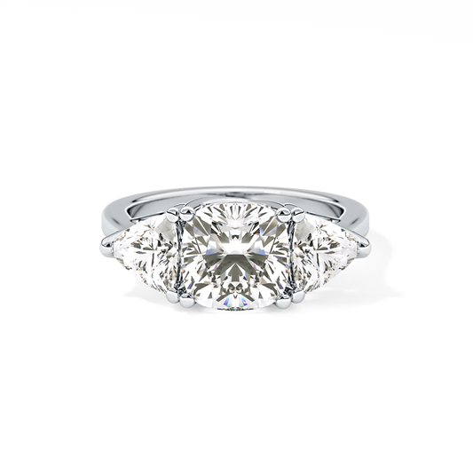 Cushion Cut 2.78 Carat Moissanite Ring – Three Stones Setting in Gold