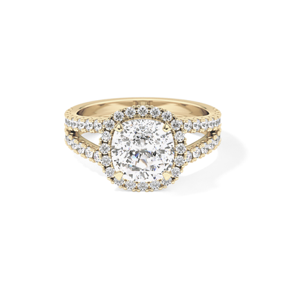 Cushion Cut 3.28 Carat Moissanite Ring – Split Shank & Halo Setting in Gold