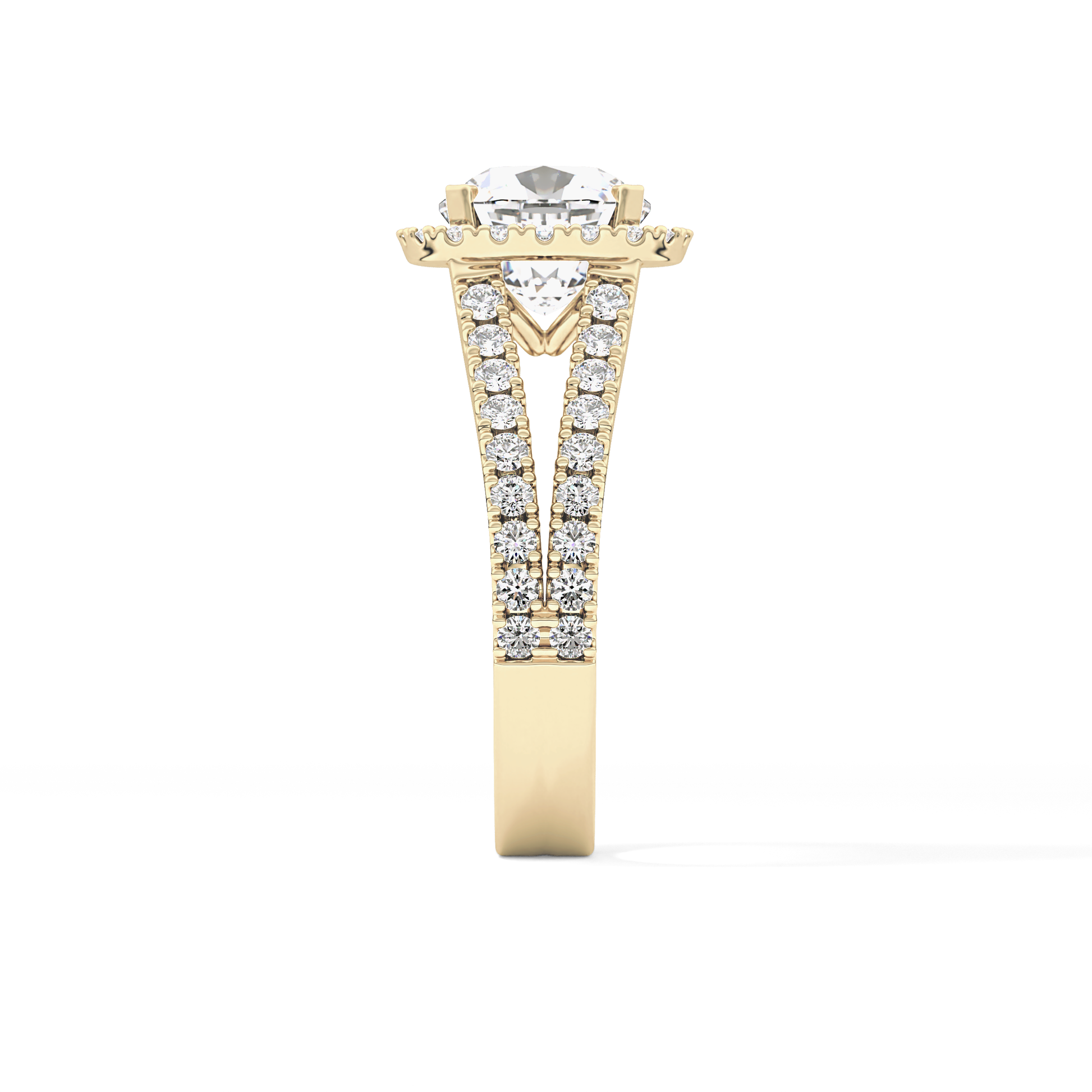 Cushion Cut 3.28 Carat Moissanite Ring – Split Shank & Halo Setting in Gold