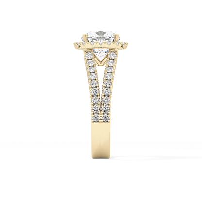 Cushion Cut 3.28 Carat Moissanite Ring – Split Shank & Halo Setting in Gold