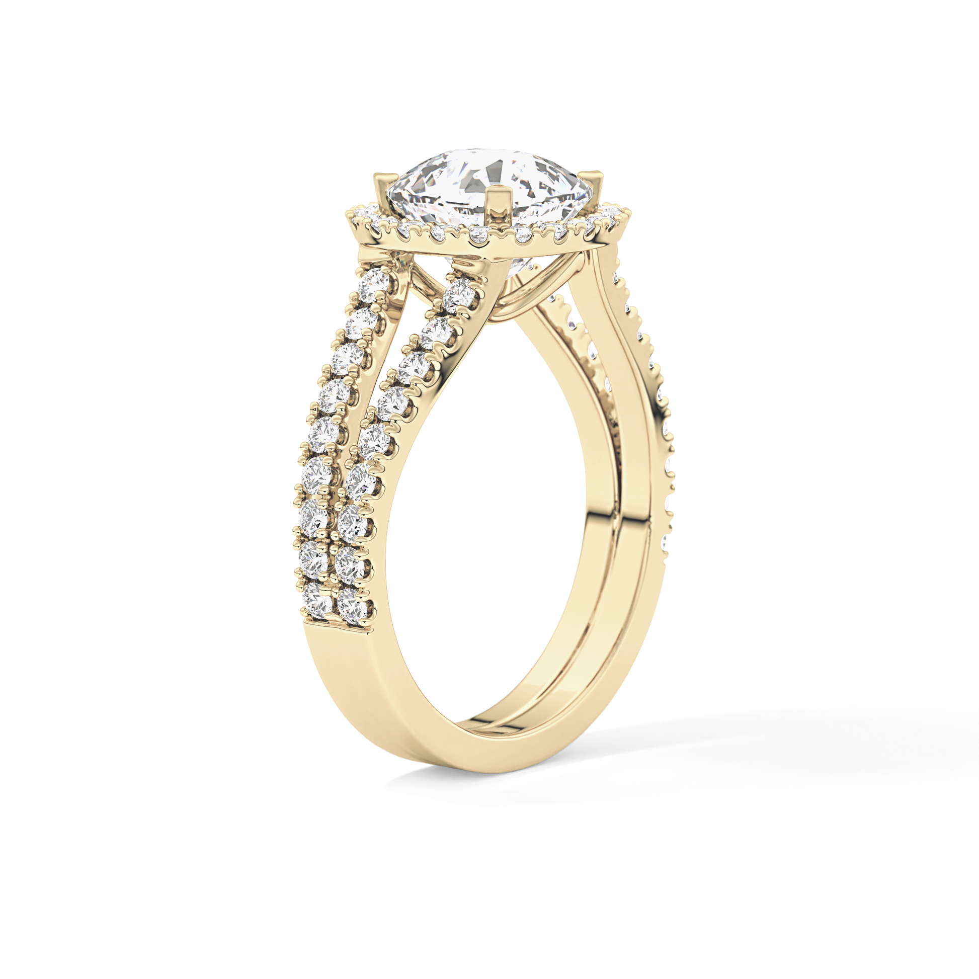 Cushion Cut 3.28 Carat Moissanite Ring – Split Shank & Halo Setting in Gold