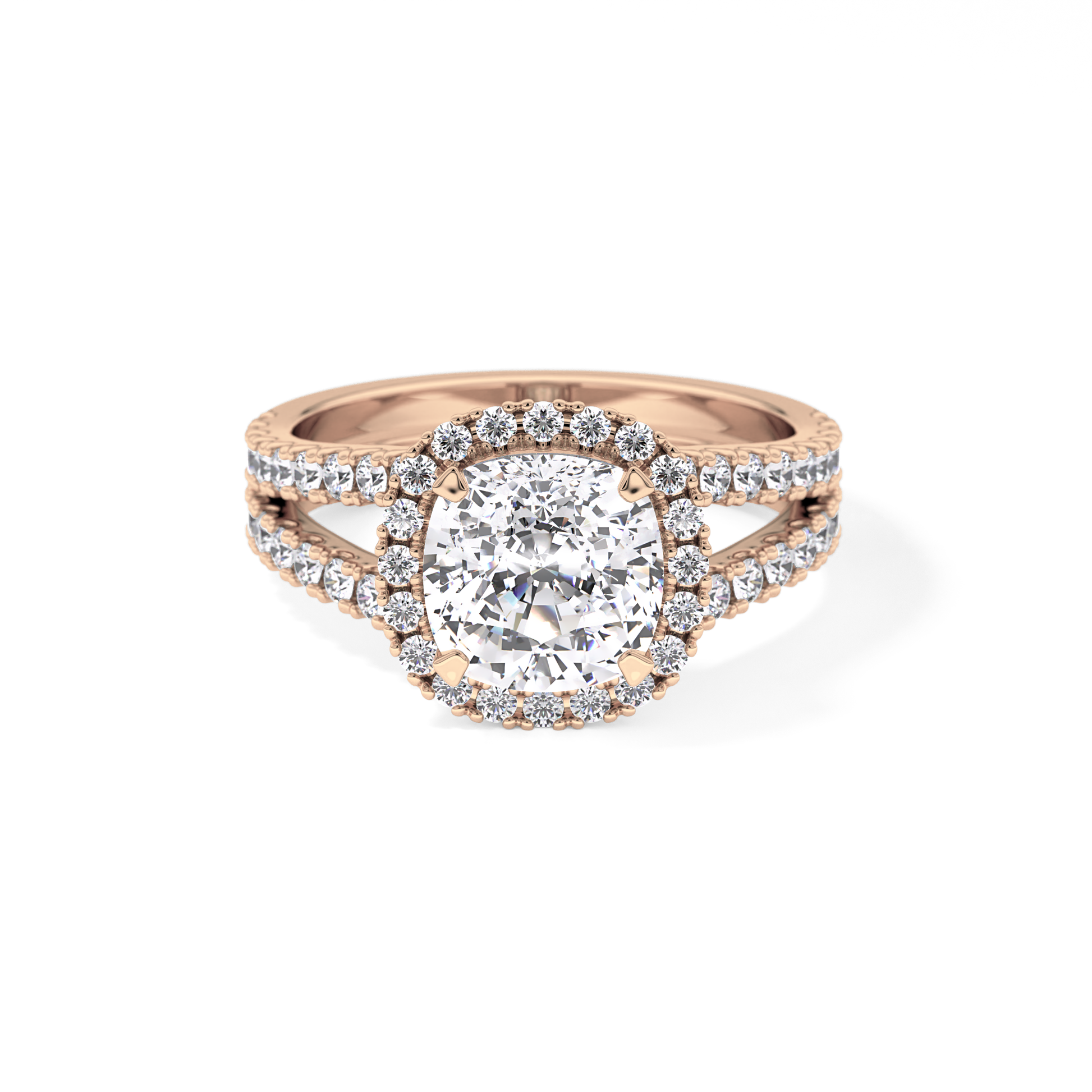 Cushion Cut 3.28 Carat Moissanite Ring – Split Shank & Halo Setting in Gold