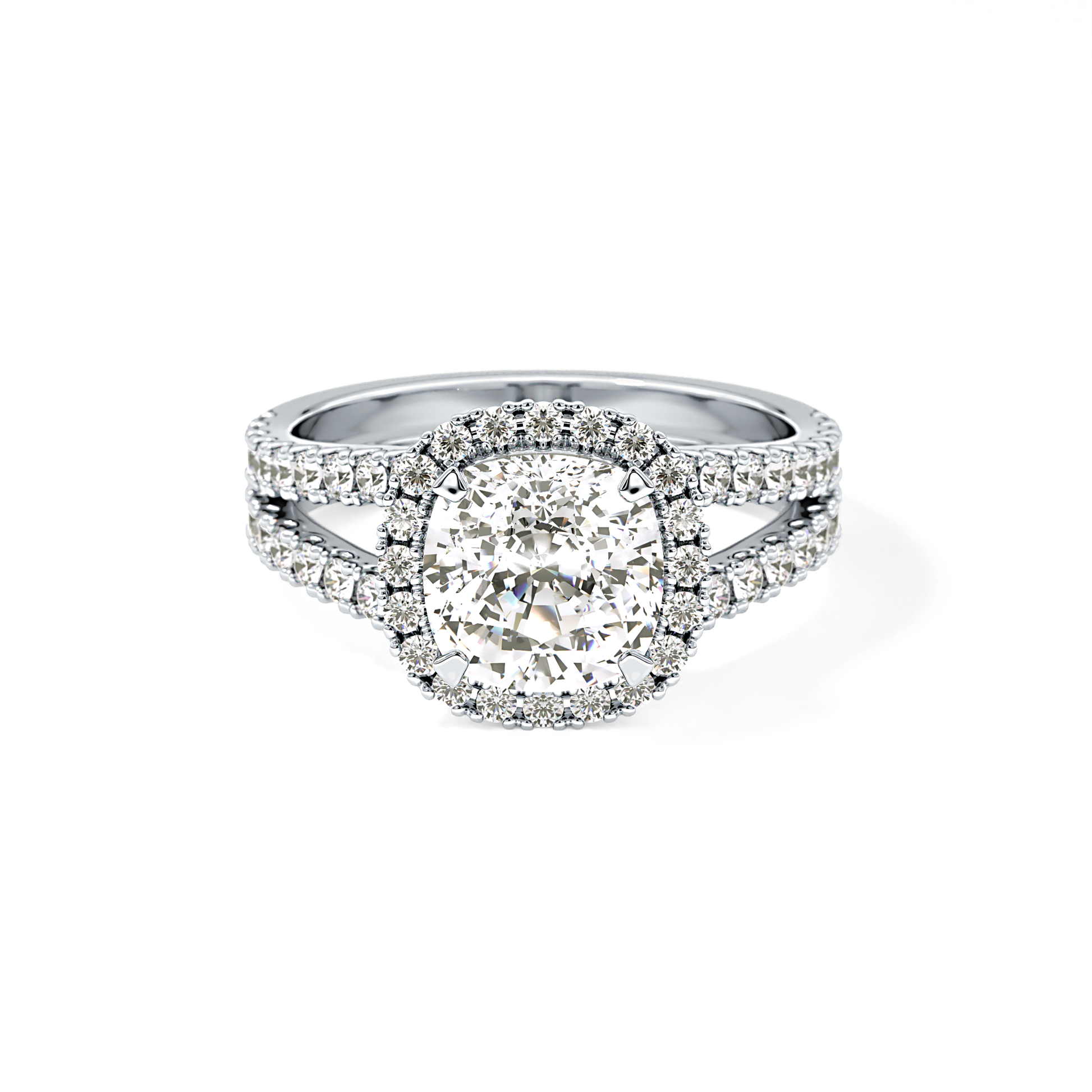 Cushion Cut 3.28 Carat Moissanite Ring – Split Shank & Halo Setting in Gold