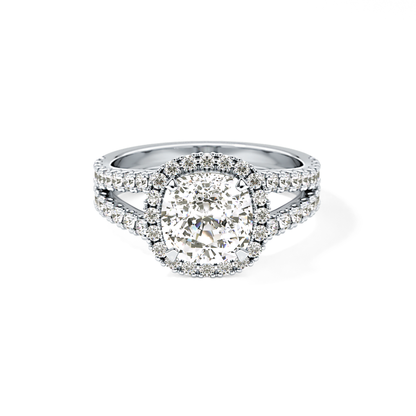 Cushion Cut 3.28 Carat Moissanite Ring – Split Shank & Halo Setting in Gold