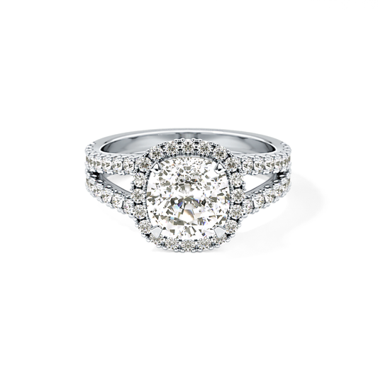 Cushion Cut 3.28 Carat Moissanite Ring – Split Shank & Halo Setting in Gold