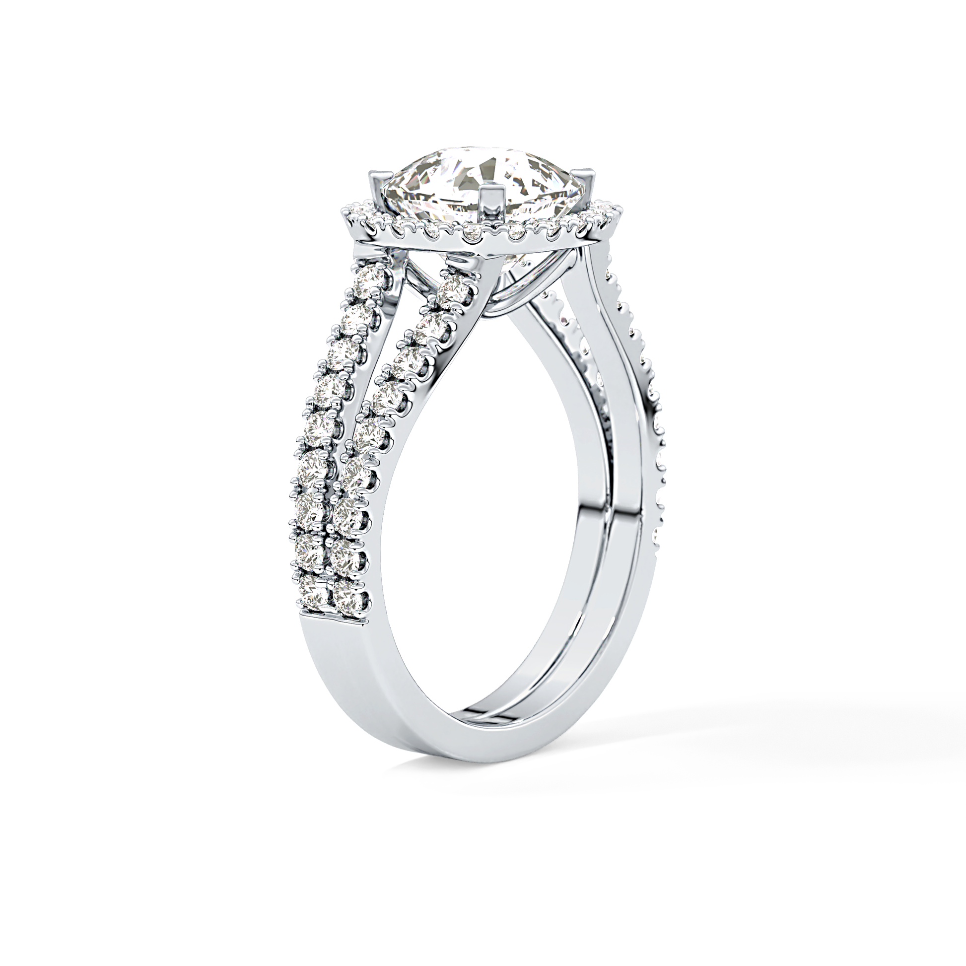 Cushion Cut 3.28 Carat Moissanite Ring – Split Shank & Halo Setting in Gold