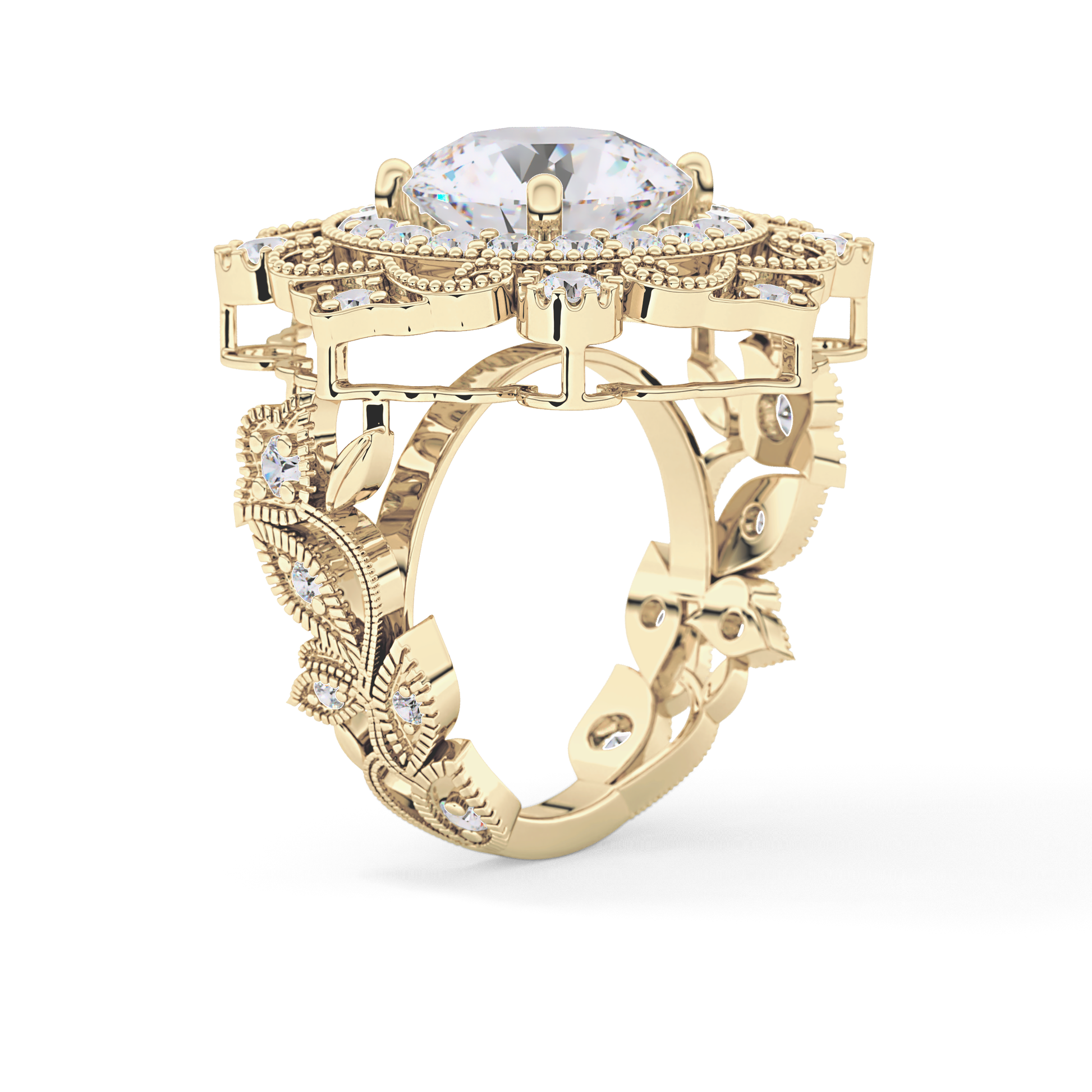 Round Cut 4.14 Carat Moissanite Ring – Vintage Cluster Setting in Gold