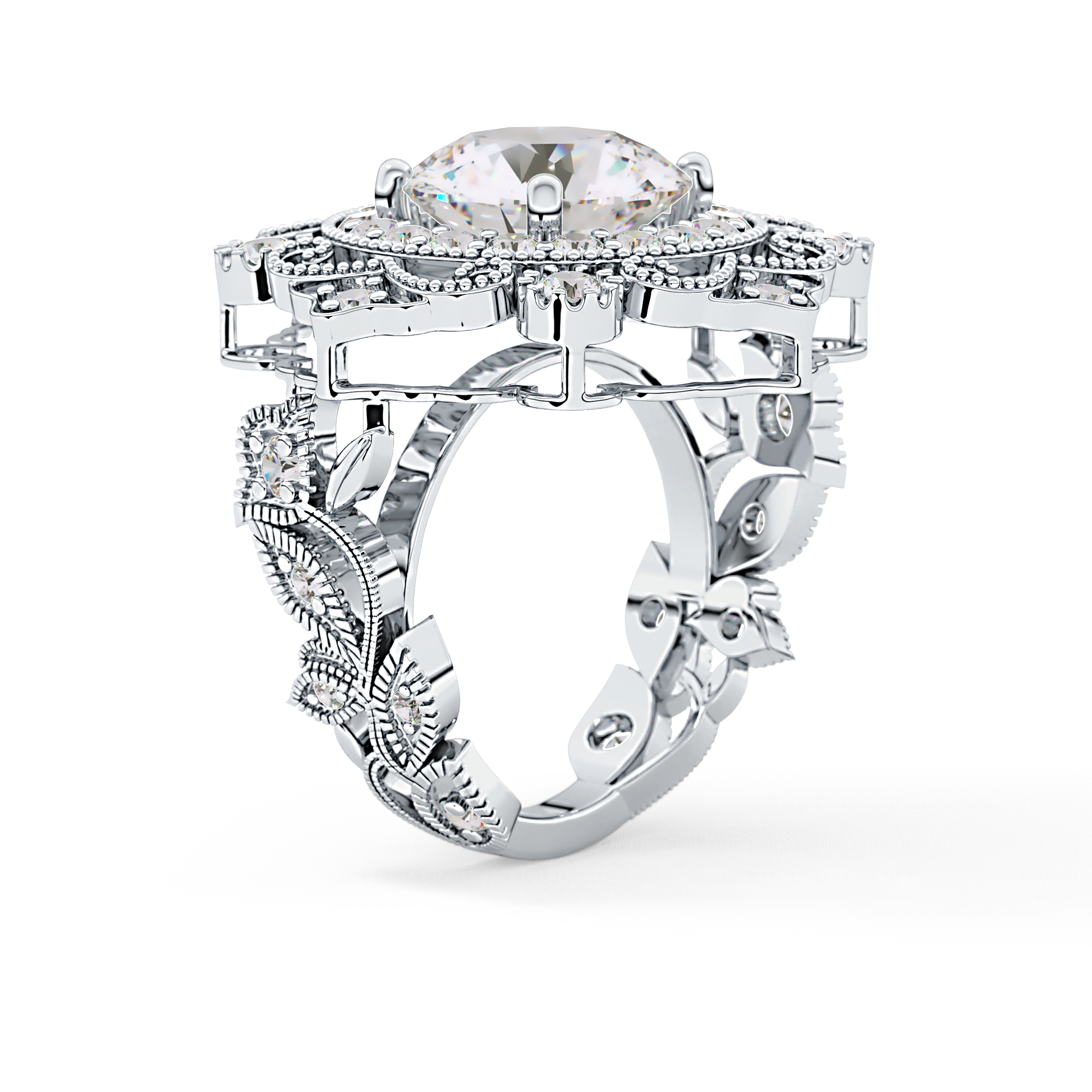 Round Cut 4.14 Carat Moissanite Ring – Vintage Cluster Setting in Gold