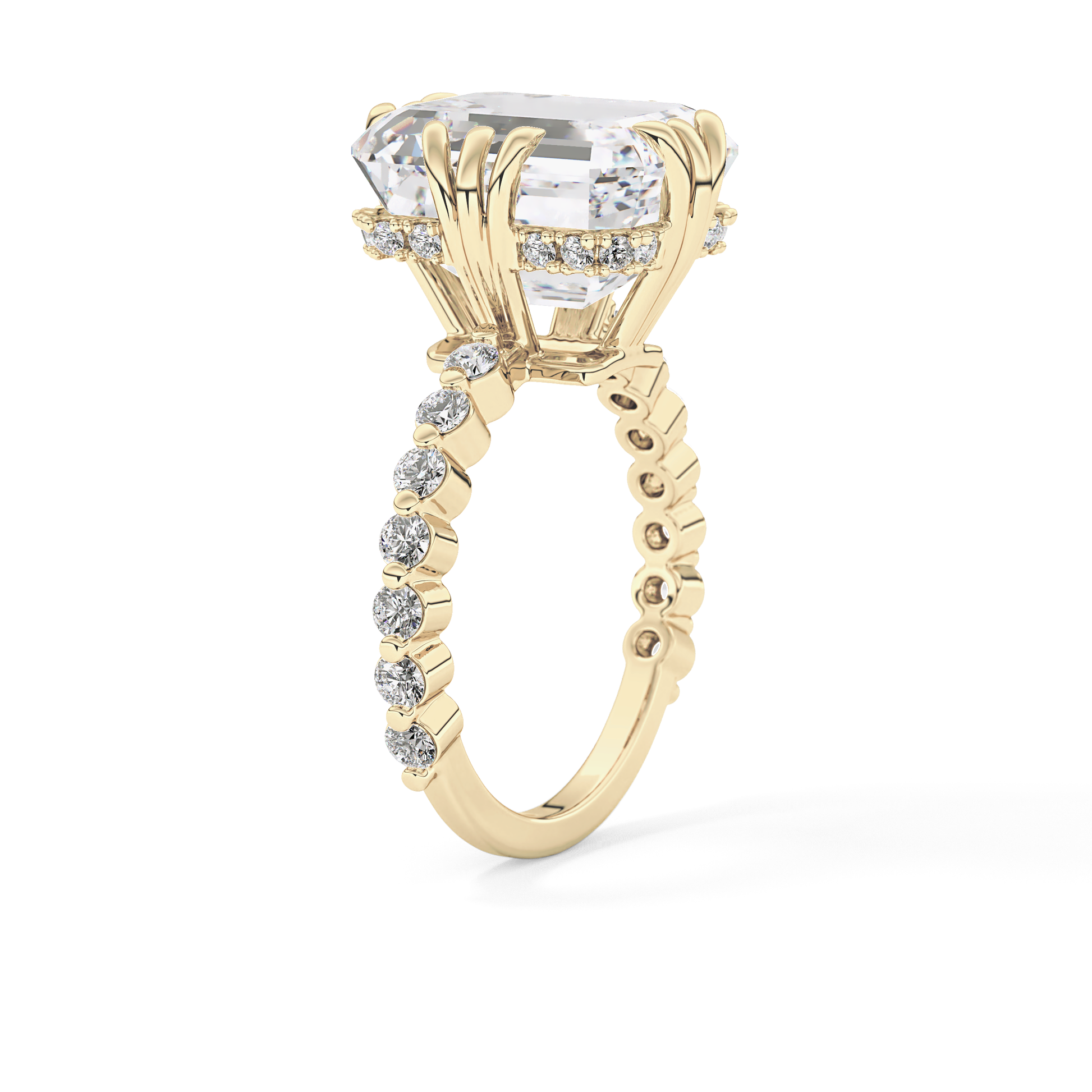 Emerald Cut 7.74 Carat Moissanite Ring – Hidden Halo & Pave Setting in Gold