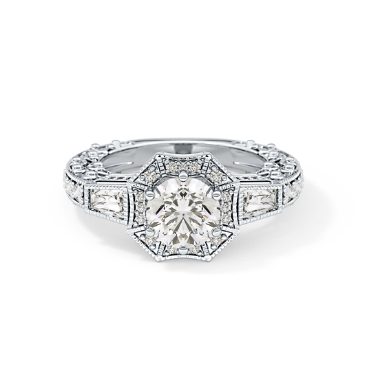 Round Cut 1.34 Carat Moissanite Ring – Multi Stone Double Halo Pave Setting in Gold