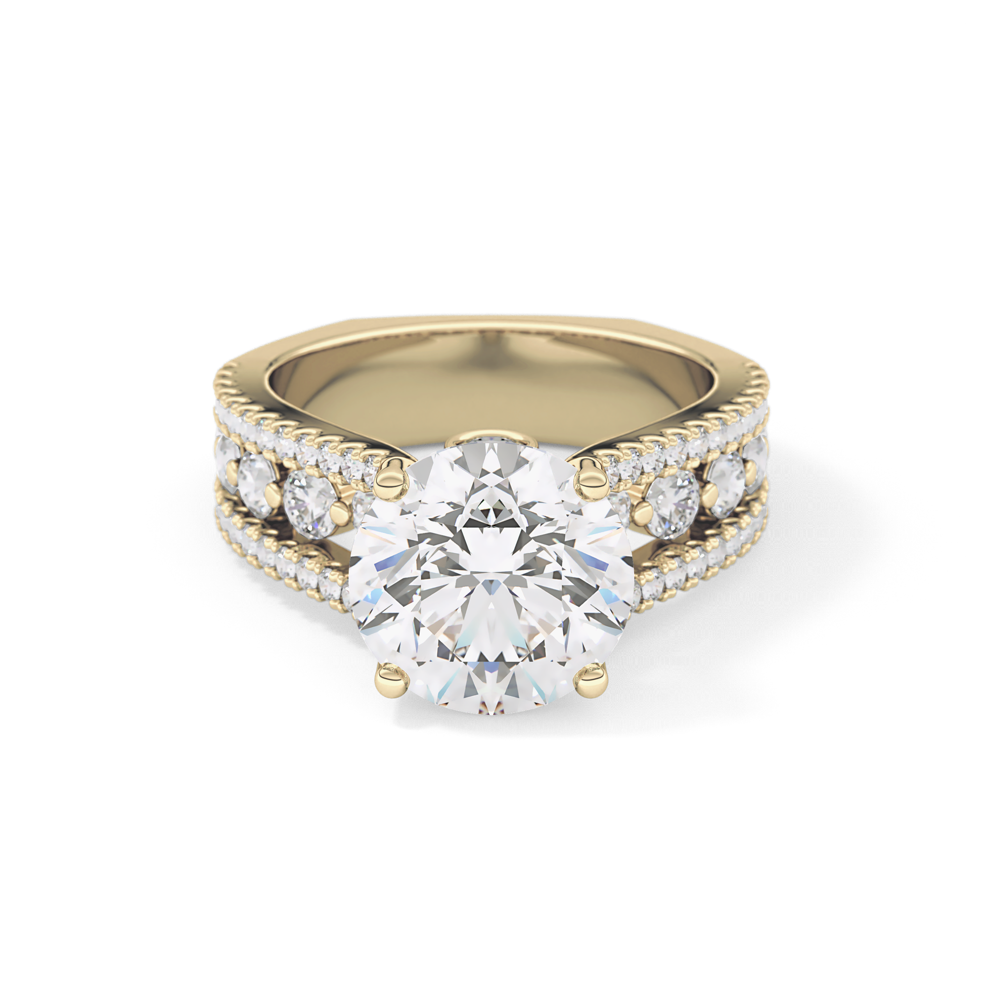 Round Cut 3.91 Carat Moissanite Ring – Split Shank Pave Setting in Gold