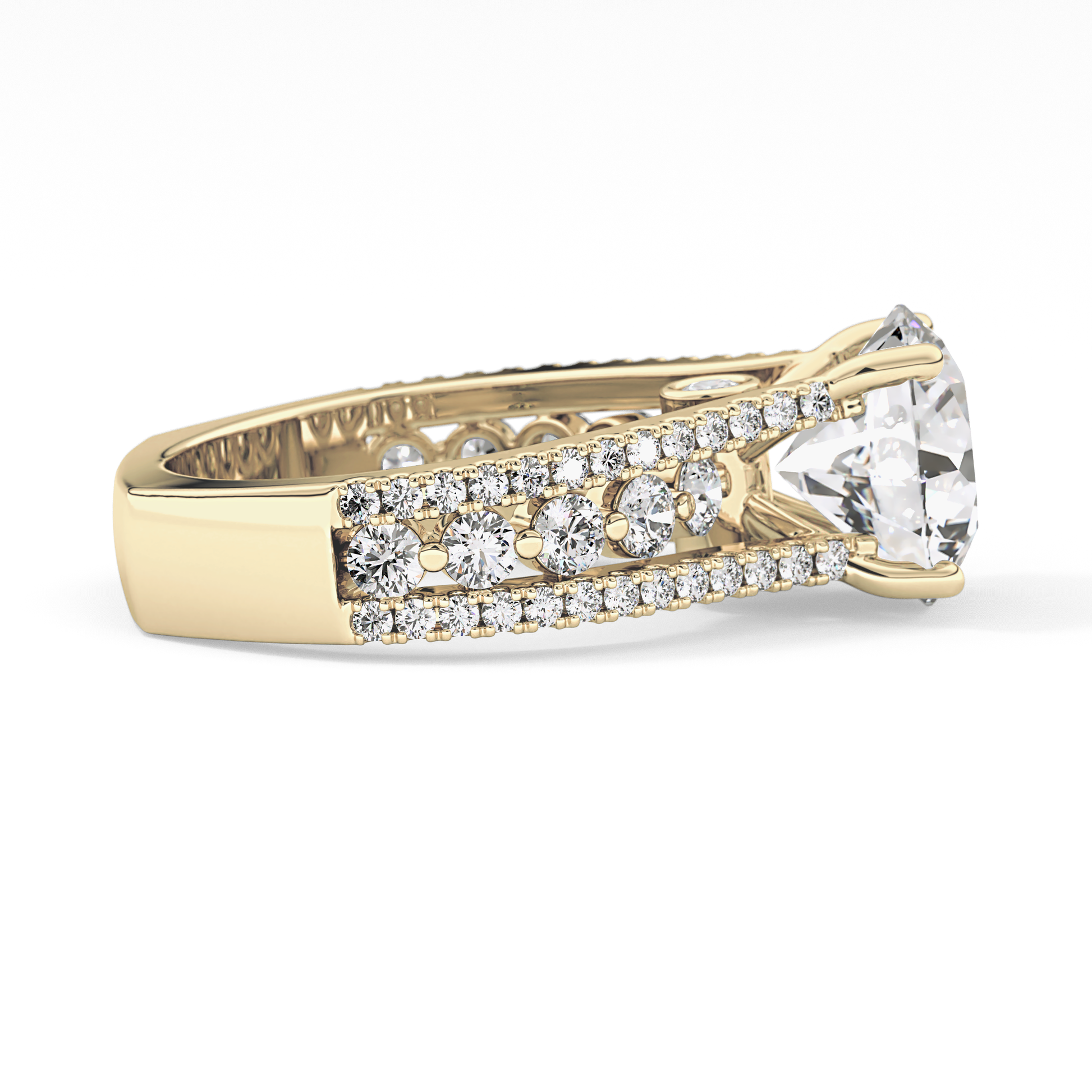 Round Cut 3.91 Carat Moissanite Ring – Split Shank Pave Setting in Gold