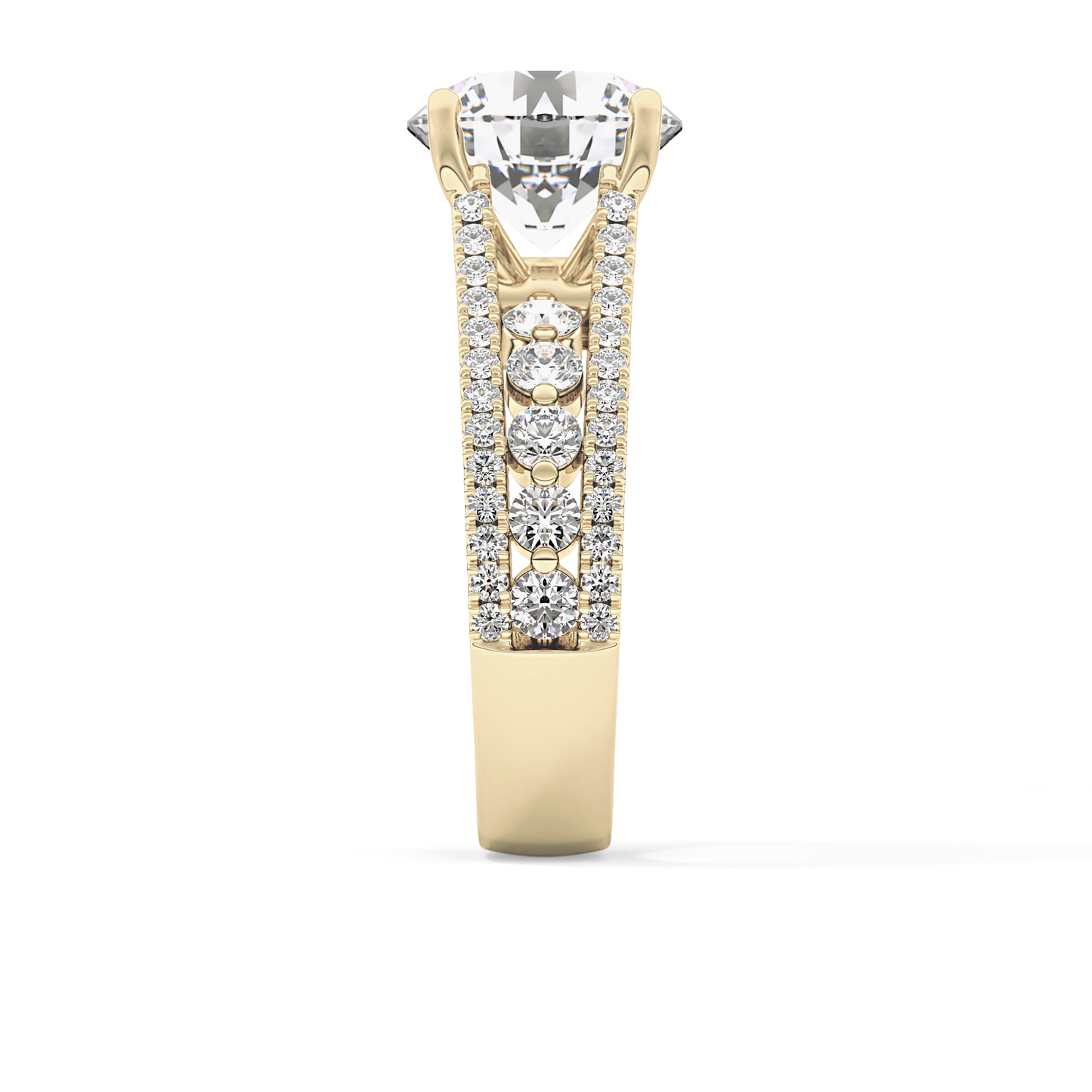 Round Cut 3.91 Carat Moissanite Ring – Split Shank Pave Setting in Gold