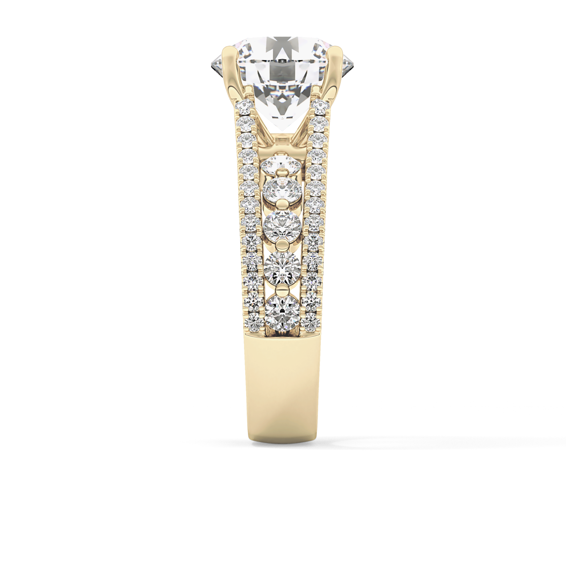 Round Cut 3.91 Carat Moissanite Ring – Split Shank Pave Setting in Gold