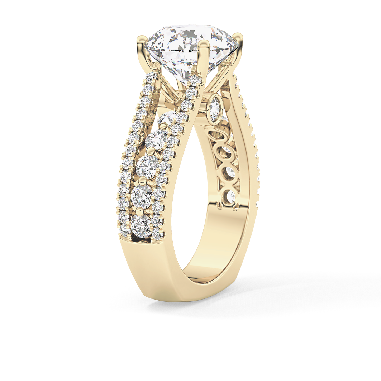 Round Cut 3.91 Carat Moissanite Ring – Split Shank Pave Setting in Gold