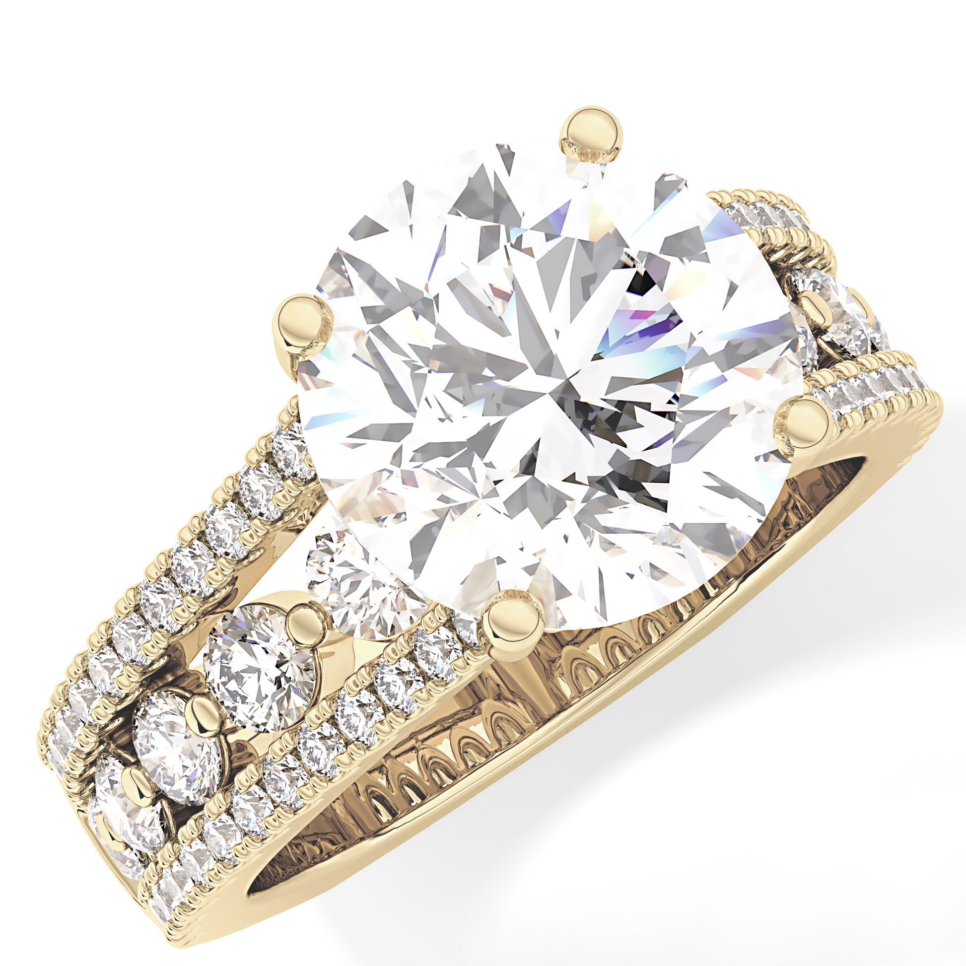 Round Cut 3.91 Carat Moissanite Ring – Split Shank Pave Setting in Gold