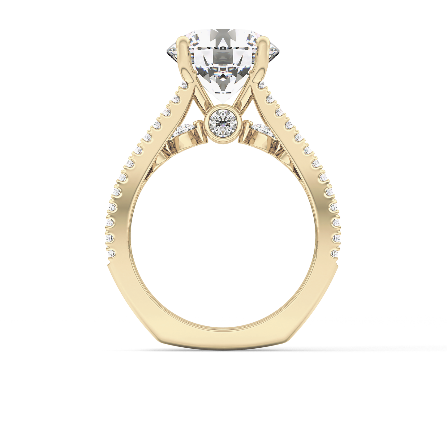 Round Cut 3.91 Carat Moissanite Ring – Split Shank Pave Setting in Gold