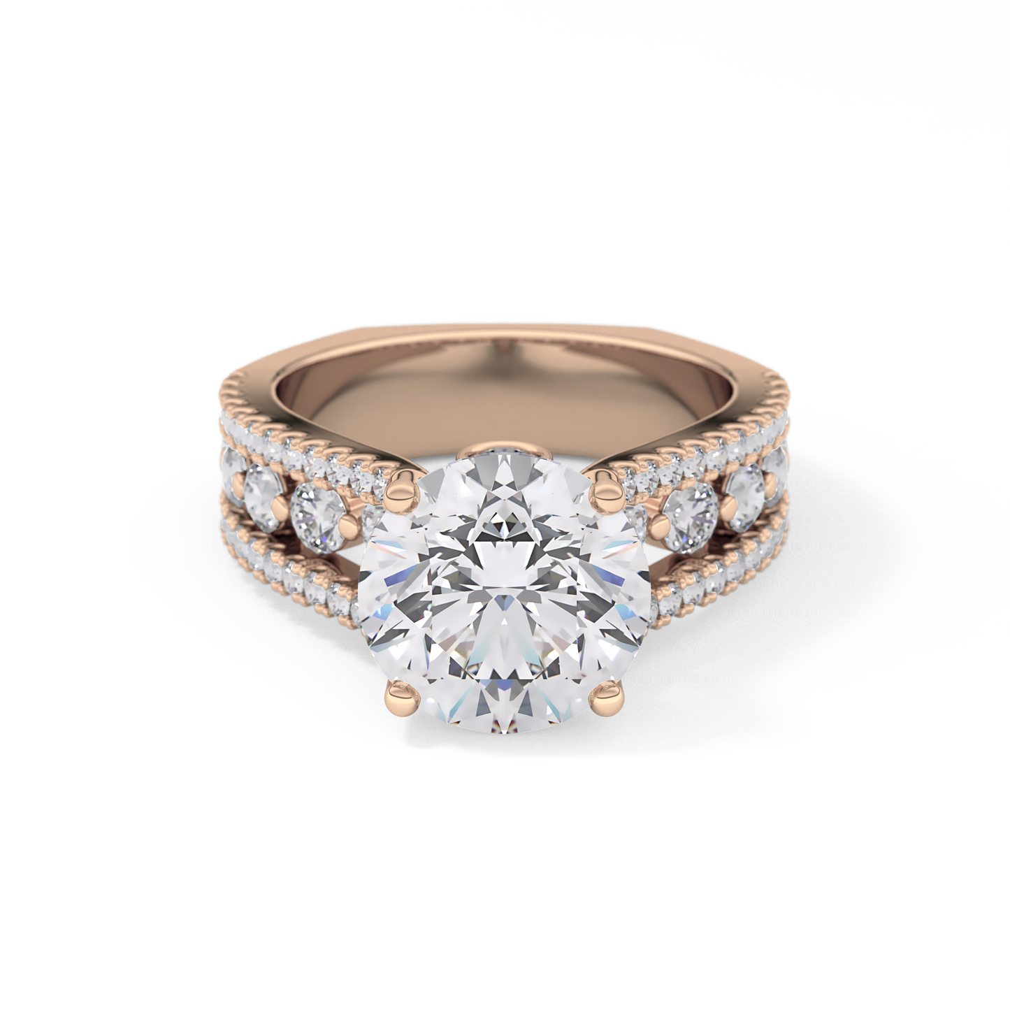 Round Cut 3.91 Carat Moissanite Ring – Split Shank Pave Setting in Gold