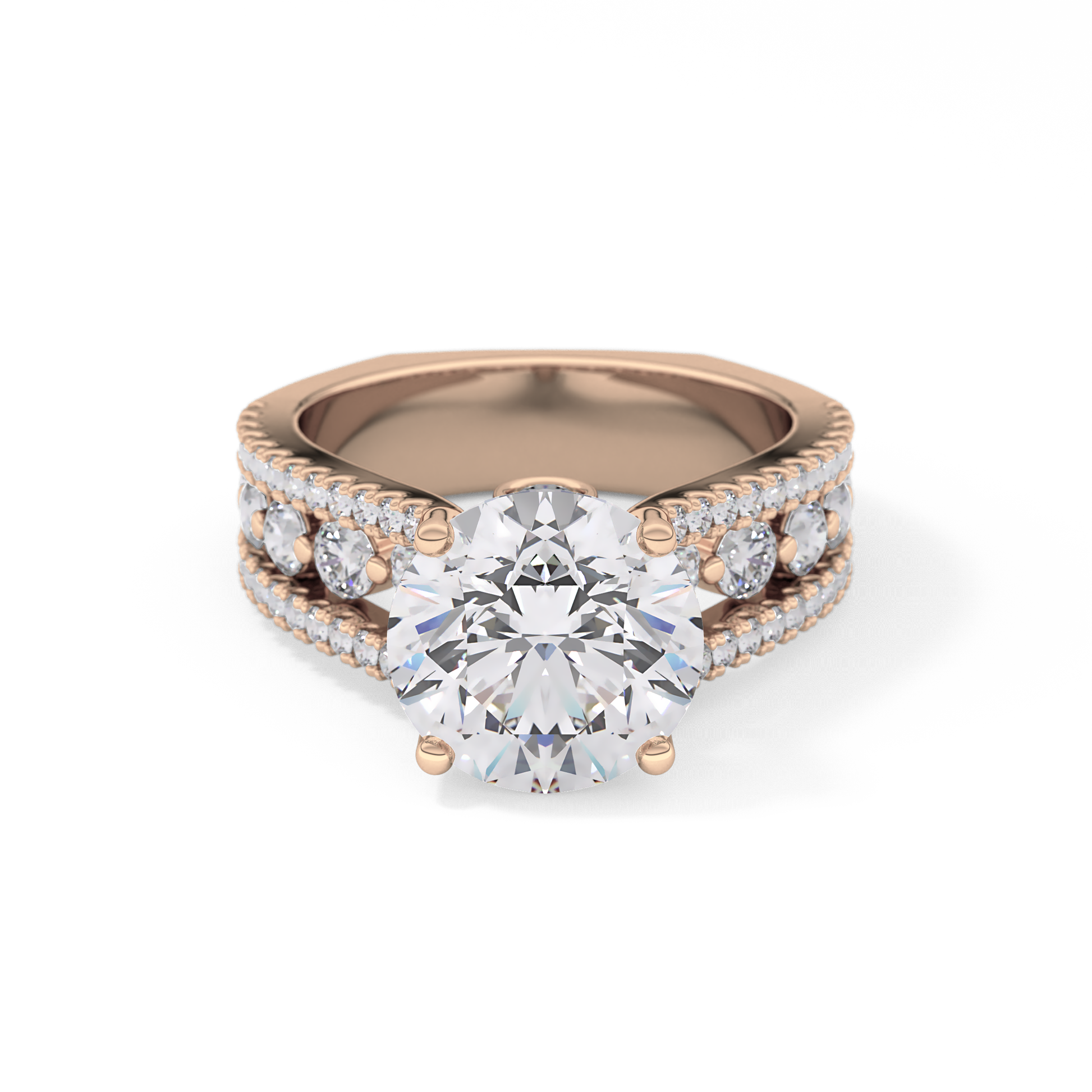 Round Cut 3.91 Carat Moissanite Ring – Split Shank Pave Setting in Gold