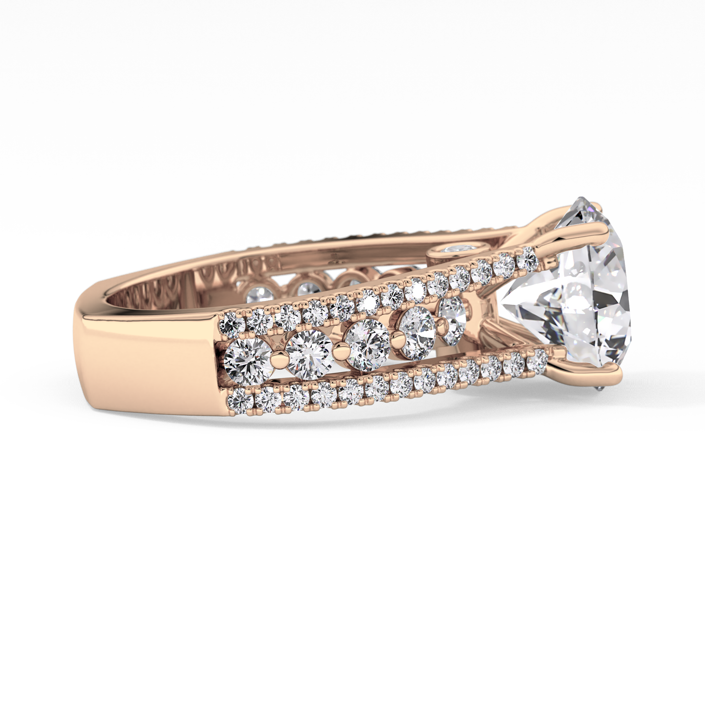 Round Cut 3.91 Carat Moissanite Ring – Split Shank Pave Setting in Gold