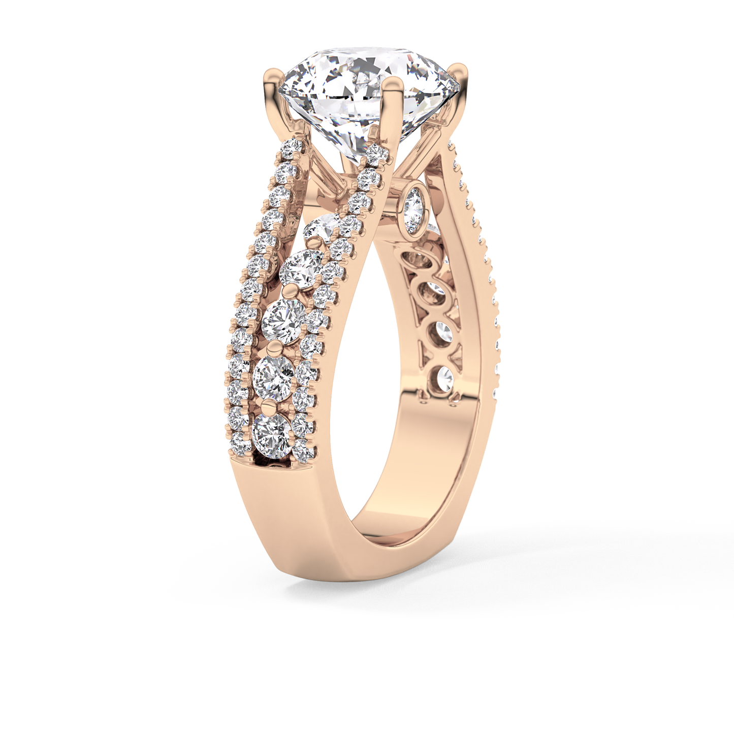 Round Cut 3.91 Carat Moissanite Ring – Split Shank Pave Setting in Gold