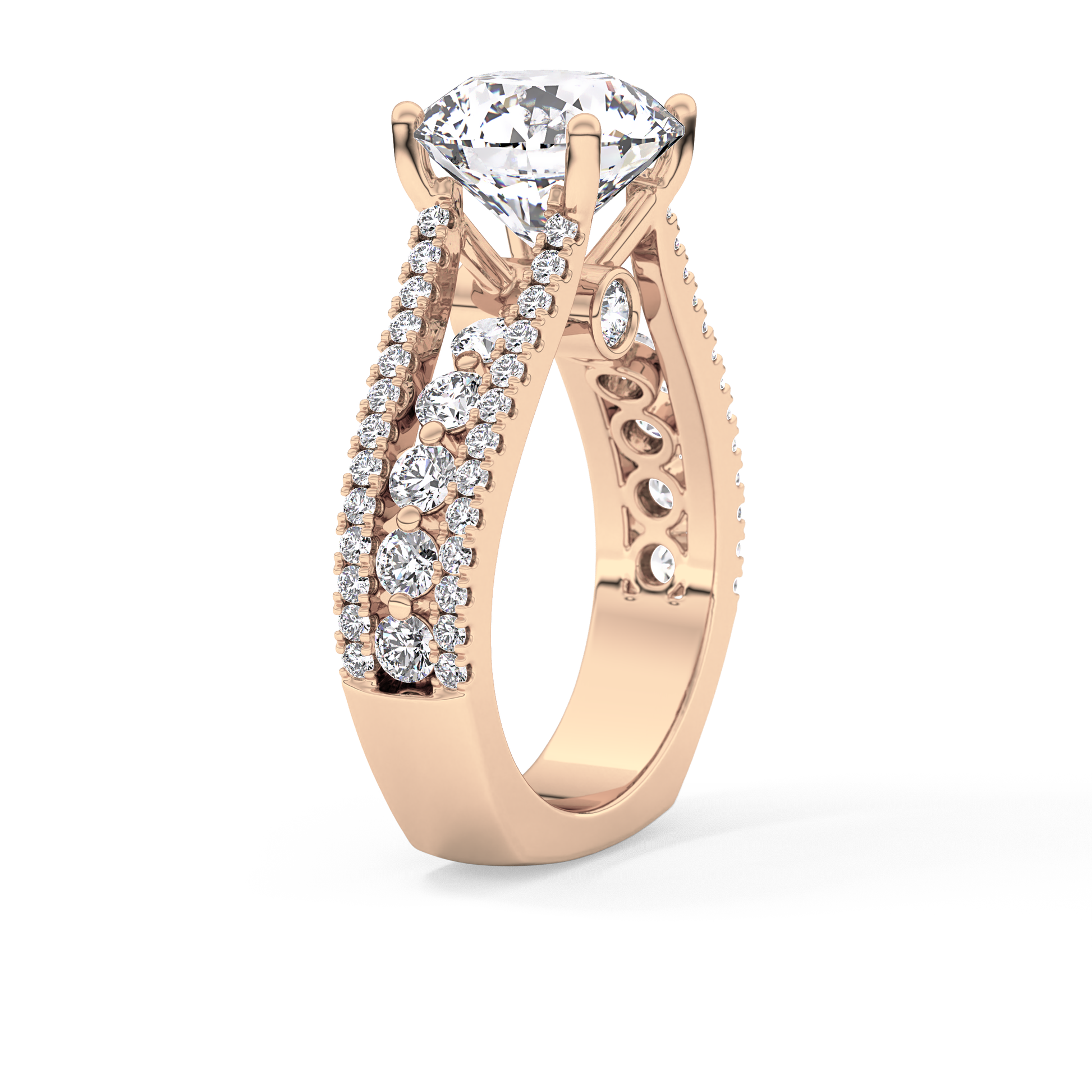 Round Cut 3.91 Carat Moissanite Ring – Split Shank Pave Setting in Gold