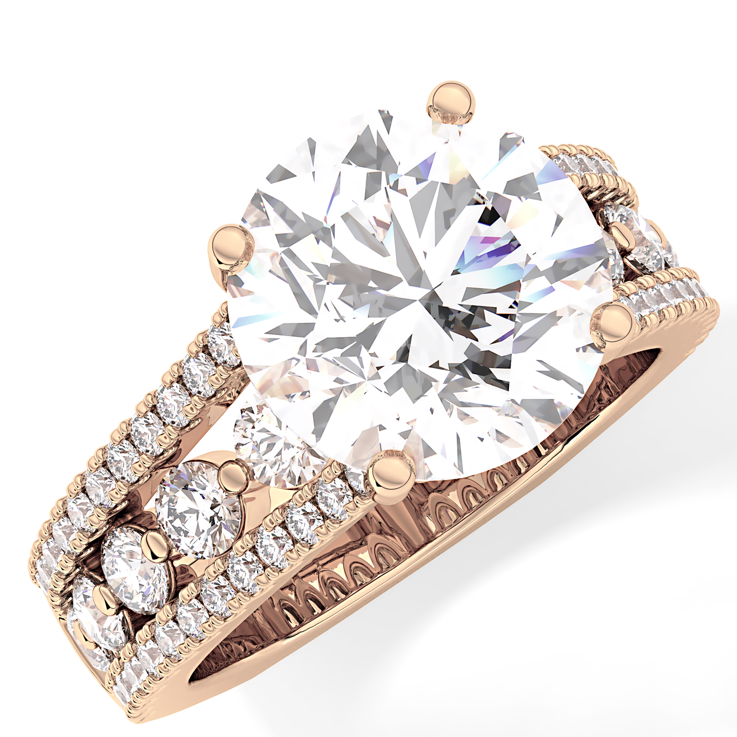 Round Cut 3.91 Carat Moissanite Ring – Split Shank Pave Setting in Gold