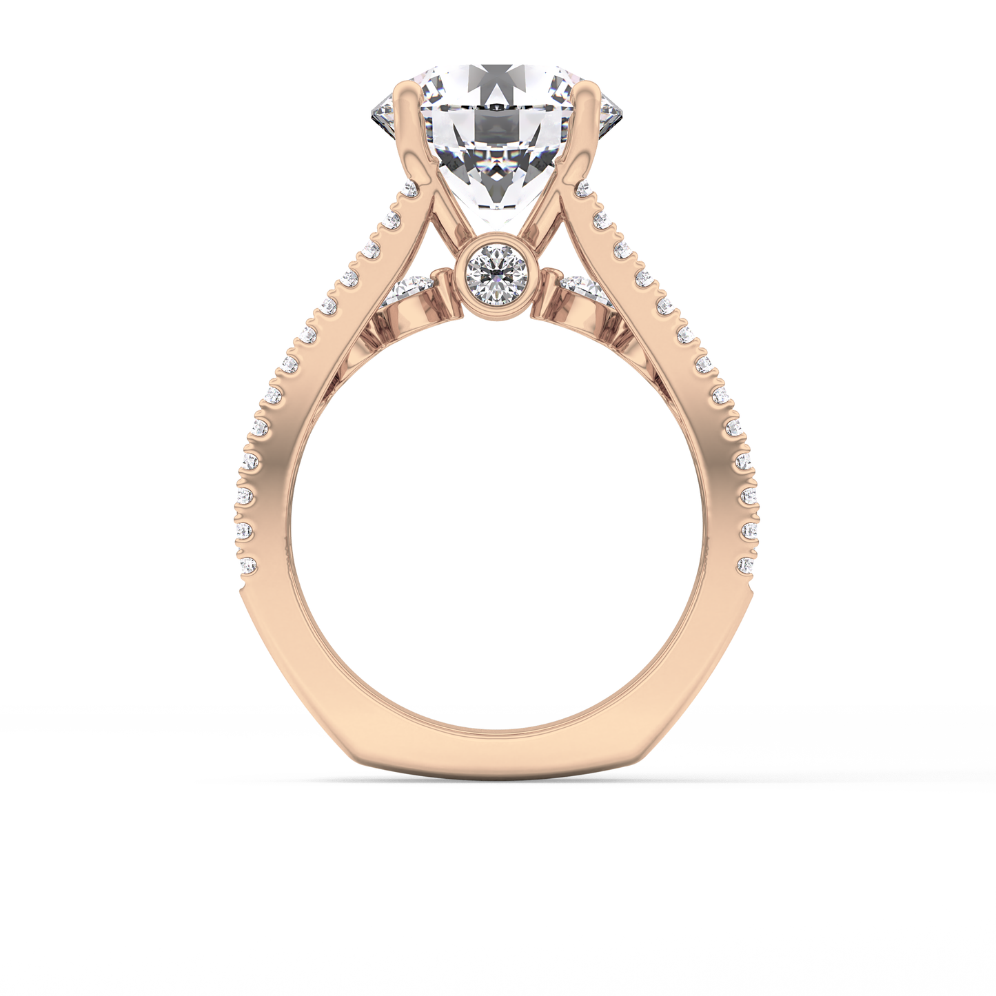 Round Cut 3.91 Carat Moissanite Ring – Split Shank Pave Setting in Gold