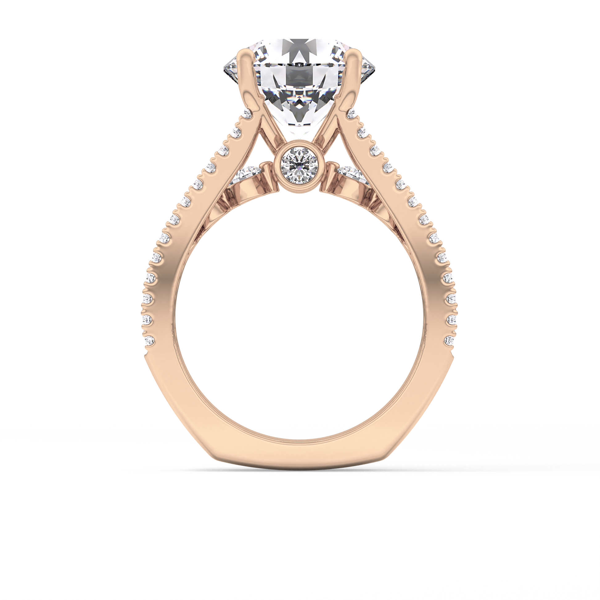 Round Cut 3.91 Carat Moissanite Ring – Split Shank Pave Setting in Gold