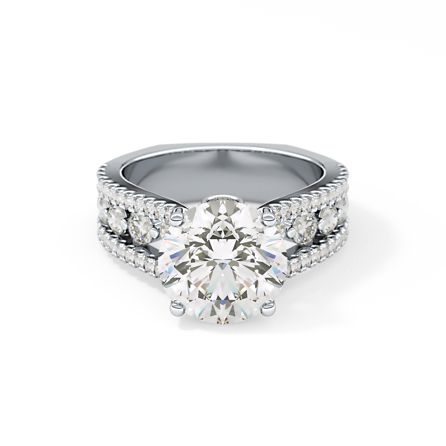 Round Cut 3.91 Carat Moissanite Ring – Split Shank Pave Setting in Gold