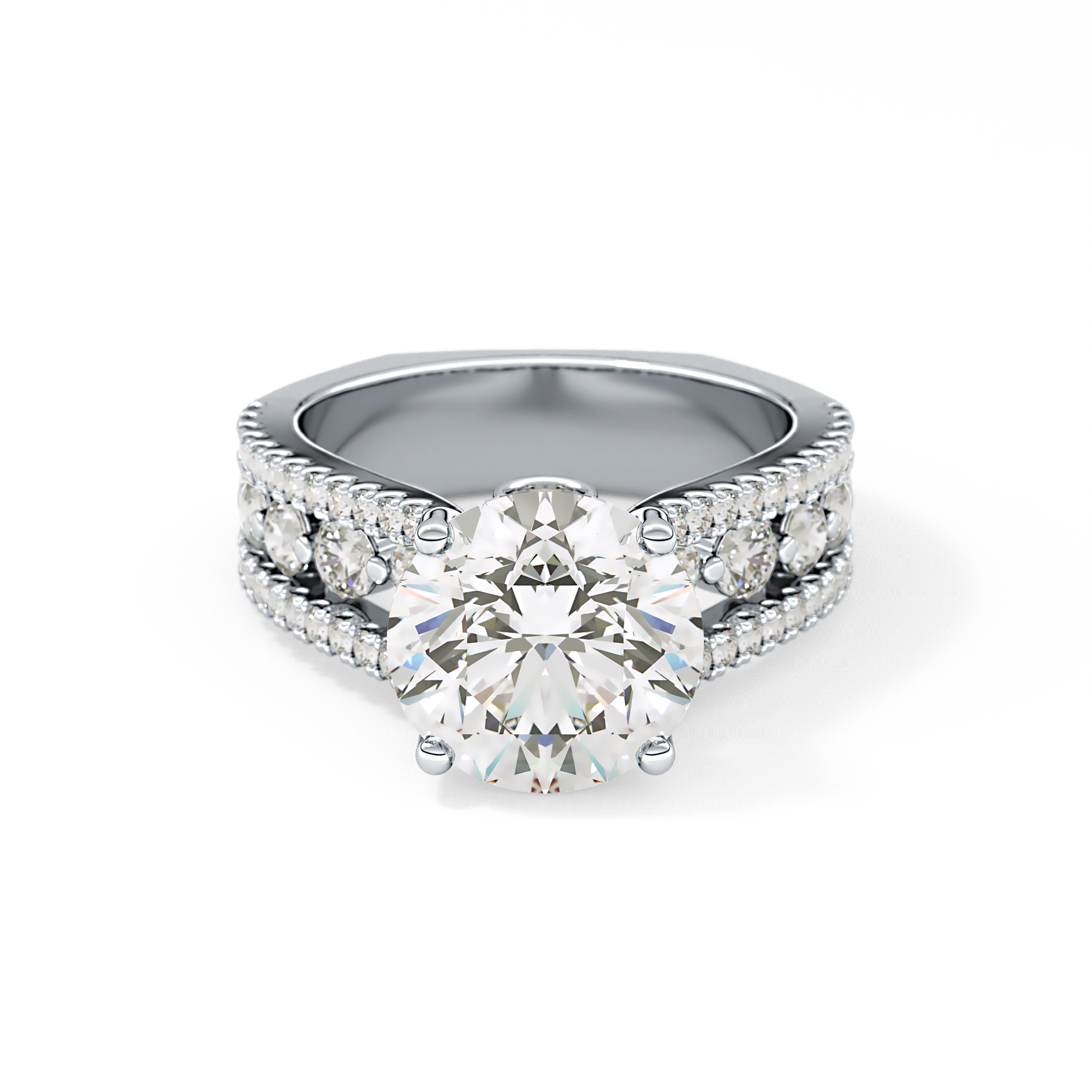 Round Cut 3.91 Carat Moissanite Ring – Split Shank Pave Setting in Gold