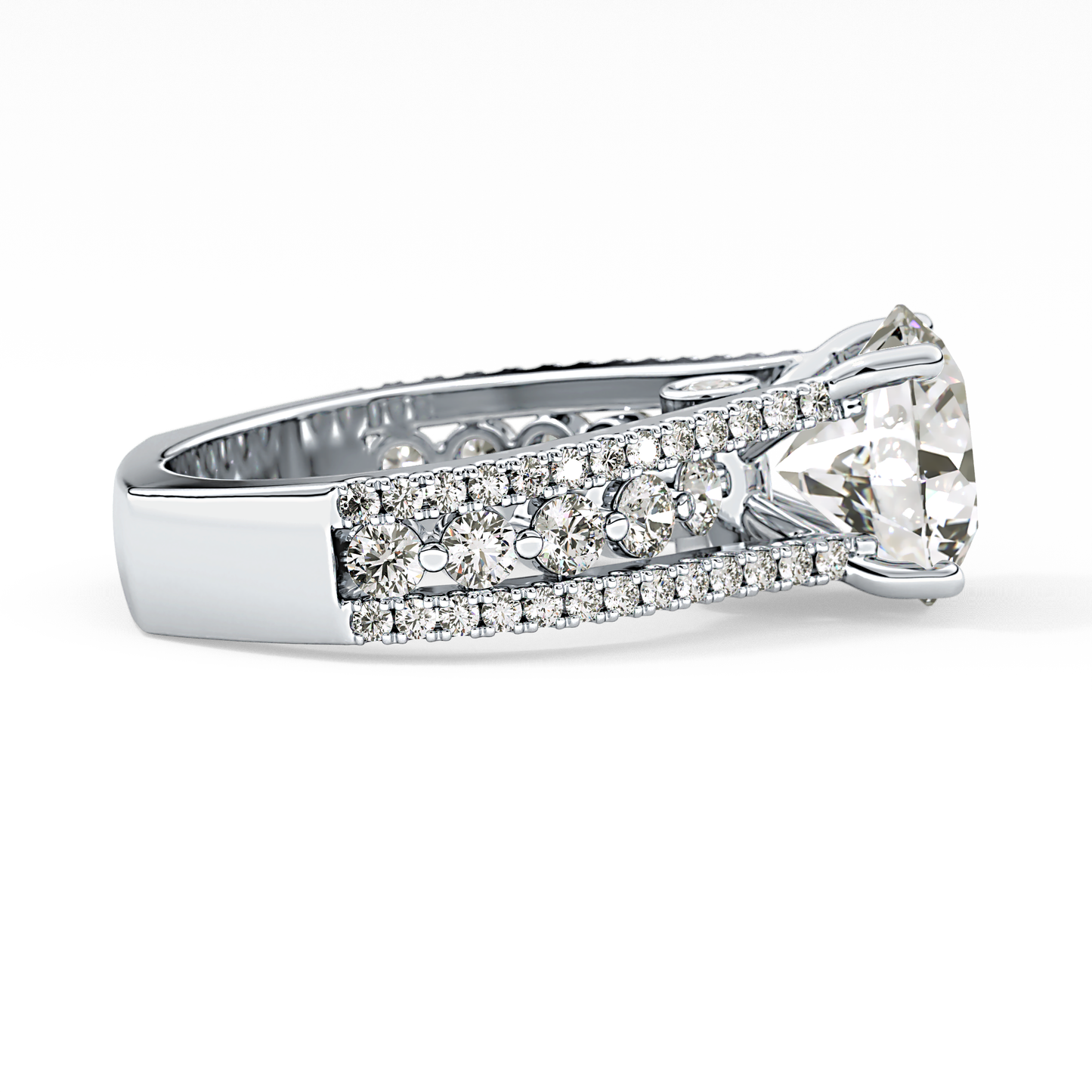Round Cut 3.91 Carat Moissanite Ring – Split Shank Pave Setting in Gold