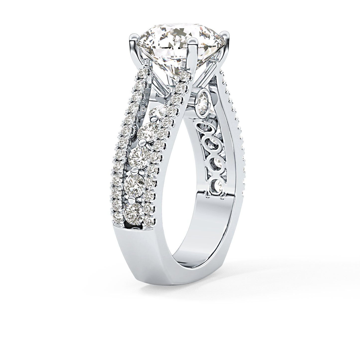 Round Cut 3.91 Carat Moissanite Ring – Split Shank Pave Setting in Gold