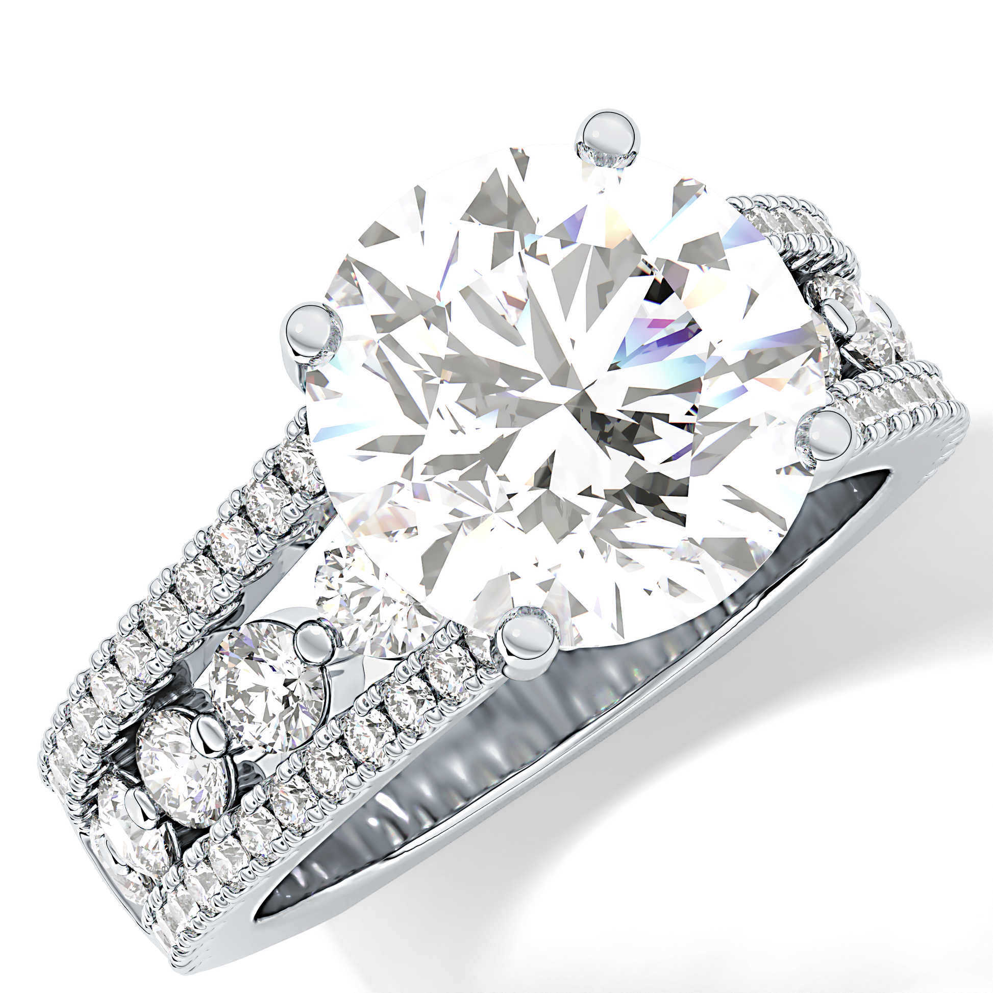 Round Cut 3.91 Carat Moissanite Ring – Split Shank Pave Setting in Gold