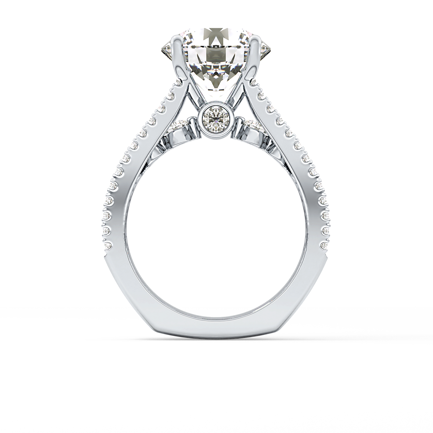 Round Cut 3.91 Carat Moissanite Ring – Split Shank Pave Setting in Gold