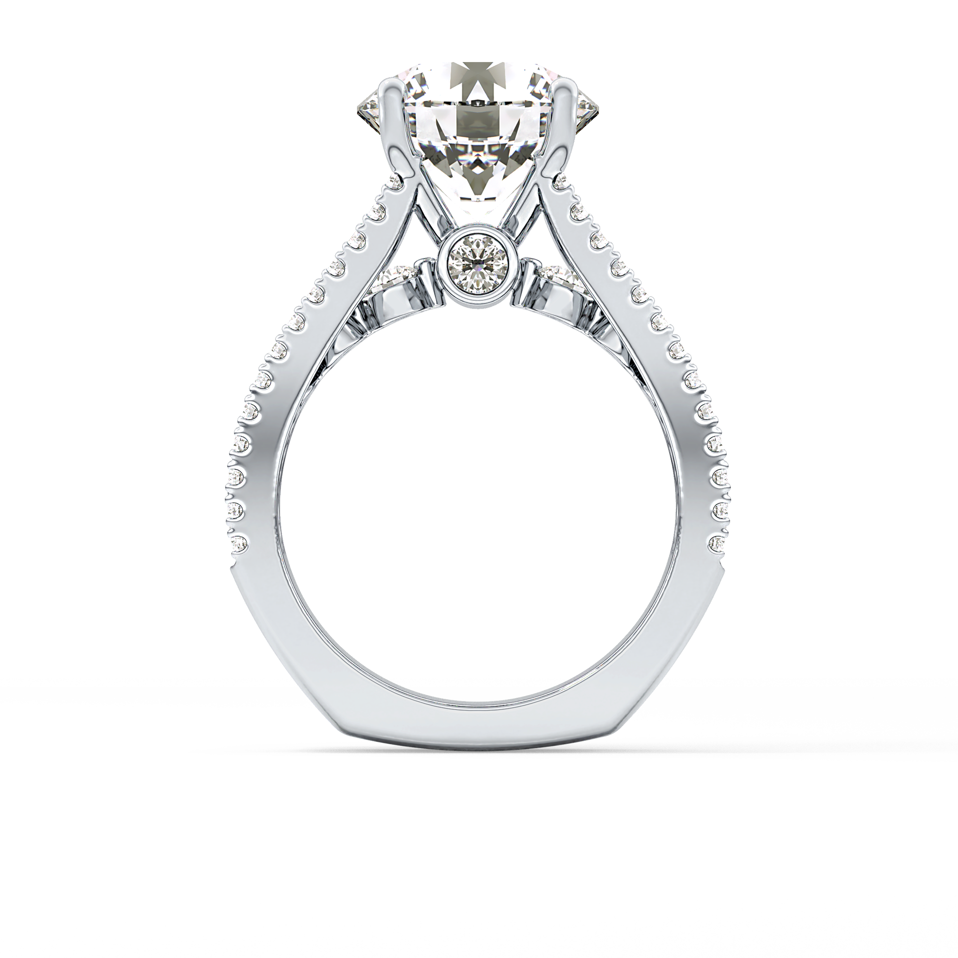 Round Cut 3.91 Carat Moissanite Ring – Split Shank Pave Setting in Gold