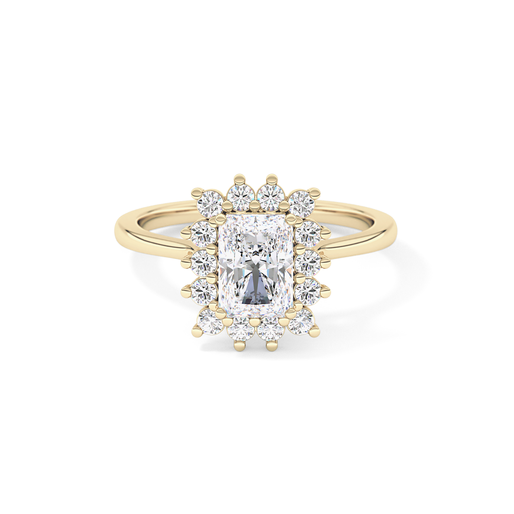 Radiant Cut 1.21 Carat Moissanite Ring – Halo Setting in Gold