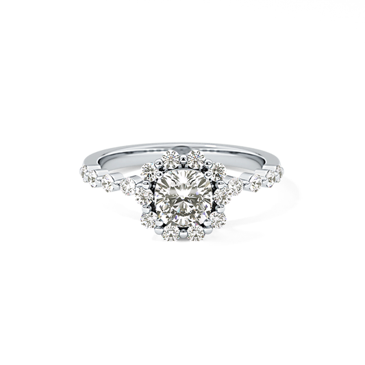 Cushion Cut 0.86 Carat Moissanite Ring – Halo and Pave Setting in Gold