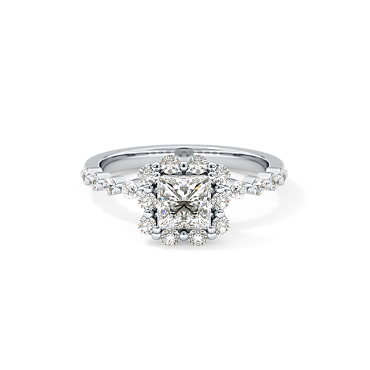 Princess Cut 0.78 Carat Moissanite Ring – Halo and Pave Setting in Gold