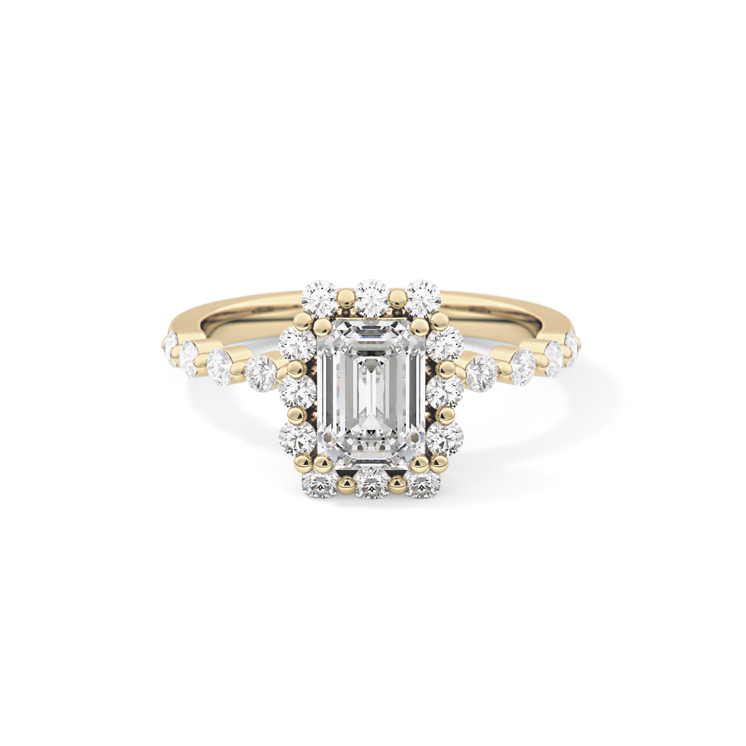 Emerald Cut 1.02 Carat Moissanite Ring – Halo and Pave Setting in Gold