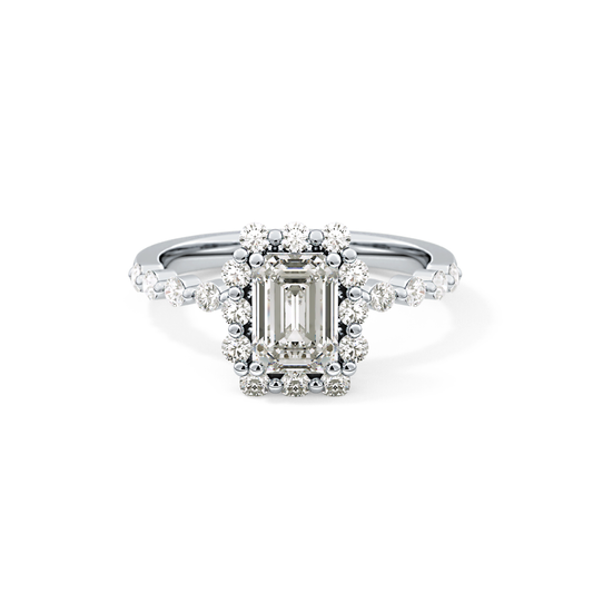 Emerald Cut 1.02 Carat Moissanite Ring – Halo and Pave Setting in Gold